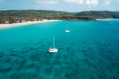 High angle view of boats in sea