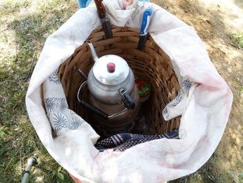 High angle view of drink on table