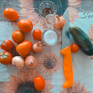 High angle view of vegetables on table