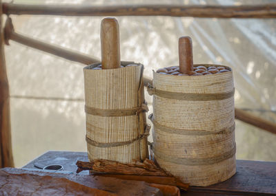 Close-up of wicker basket on table