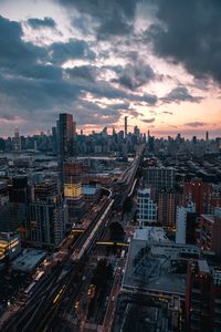 High angle view of cityscape against sky during sunset