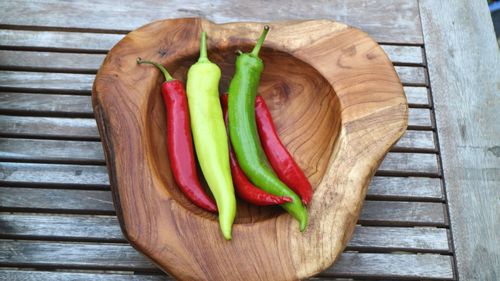 High angle view of vegetables on wood