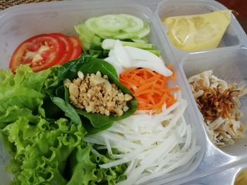 High angle view of chopped vegetables in plate