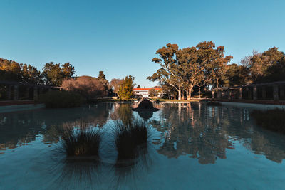 Scenic view of lake against clear blue sky