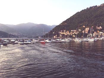 Boats moored at harbor against clear sky