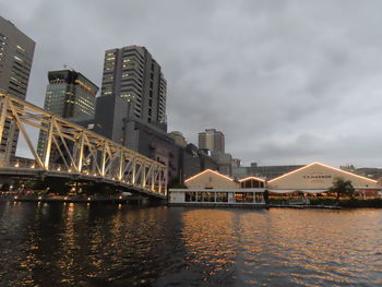 Bridge over river by buildings against sky in city