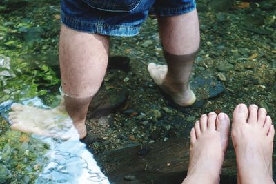 Low section of people in lake at forest