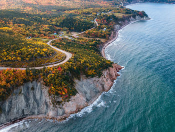 Aerial view of scotch head during autumn, cape breton island, nova scotia, canada