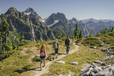 Rear view of friends hiking at north cascades national park against clear sky