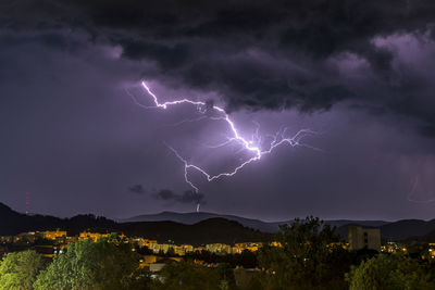 Lightning over illuminated city against dramatic sky at night