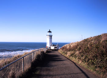 Lighthouse on pier by sea against clear blue sky