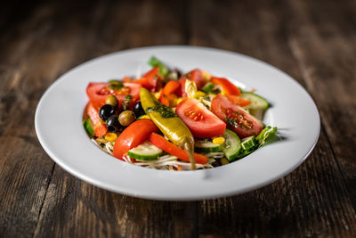 High angle view of salad in plate on table