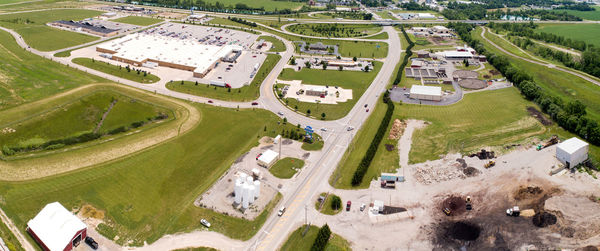 High angle view of road amidst buildings in city