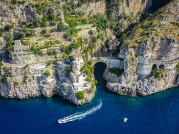 Aerial view of the fiordo di furore beach, amalfi coast