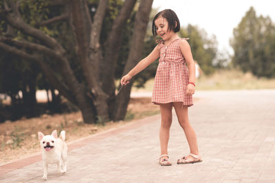 Funny kid girl 3-4 year playing with dog in park wearing stylish dress outdoors. togetherness. 