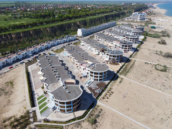 Corona virus lockdown, aerial view of odessa coastline with no people