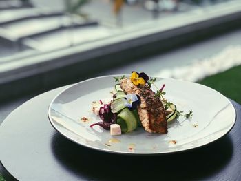 High angle view of food in plate on table