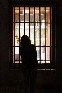 Rear view of man standing by window