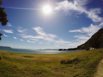 Scenic view of lake against sky on sunny day