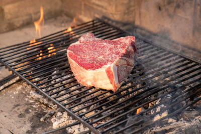 Italian roasted steak on a barbecue grill. appetizing meat cooking on fire and embers in backyard