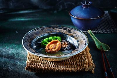 High angle view of breakfast served on table