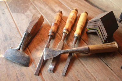 High angle view of tools on table