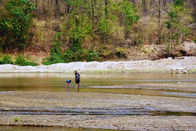 People on land by lake