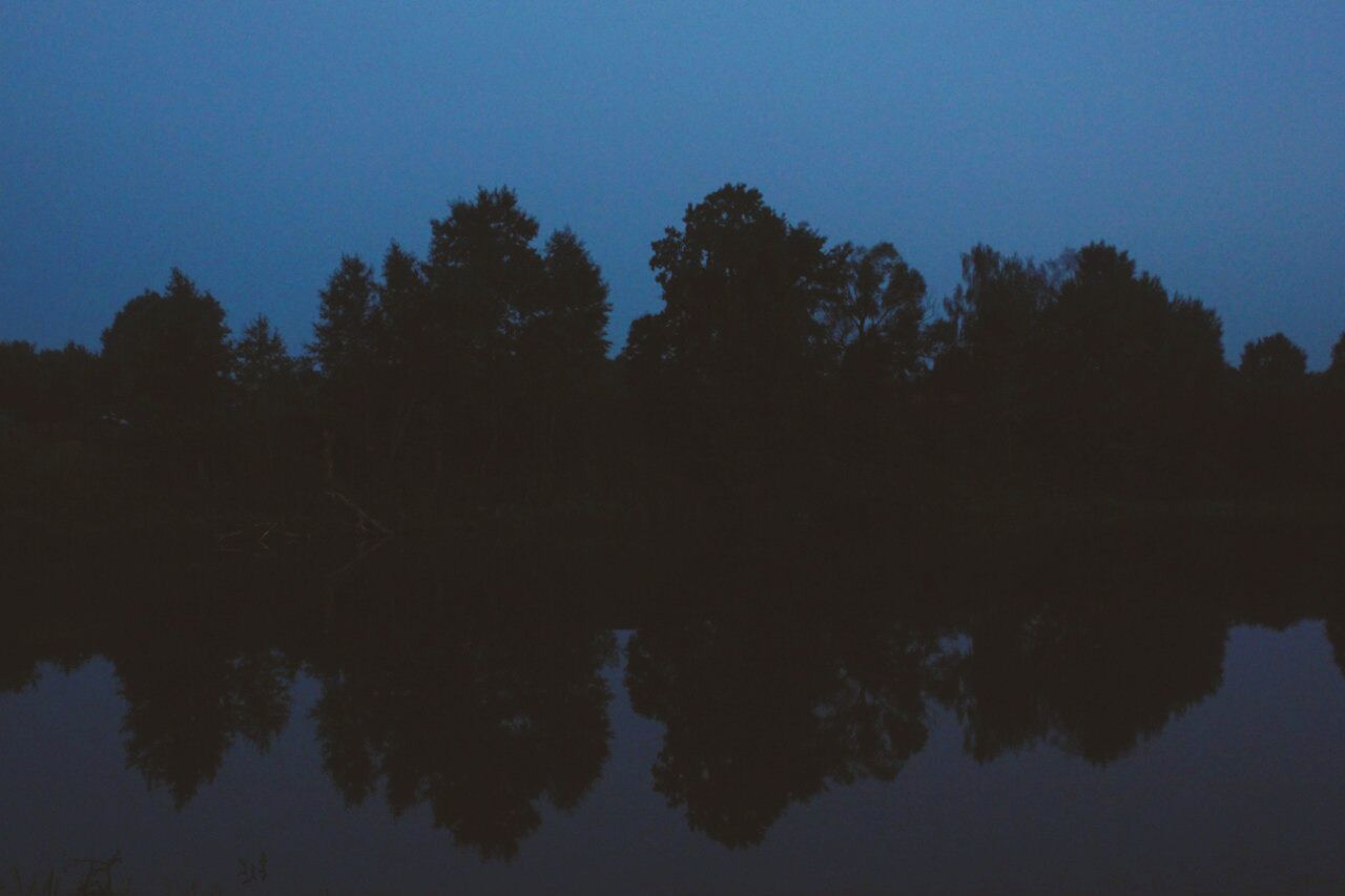 tree, tranquility, water, tranquil scene, reflection, lake, clear sky, scenics, beauty in nature, waterfront, silhouette, nature, copy space, standing water, blue, sky, idyllic, calm, dusk, outdoors