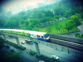 High angle view of people on road