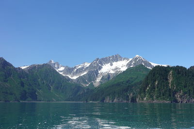 Scenic view of lake and snowcapped mountains against clear blue sky