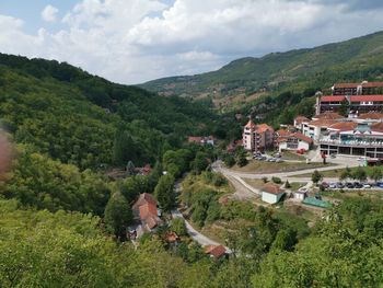 High angle view of buildings against sky