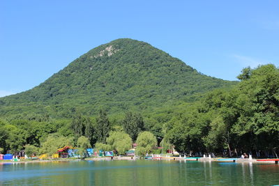 Scenic view of lake by trees against clear sky