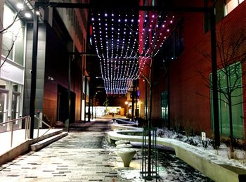 Empty illuminated building at night