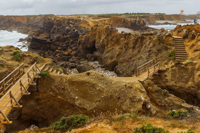 Panoramic view of sediment cliff landscape surrounded by sea.in papoa peniche