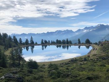 Scenic view of lake and mountains against sky