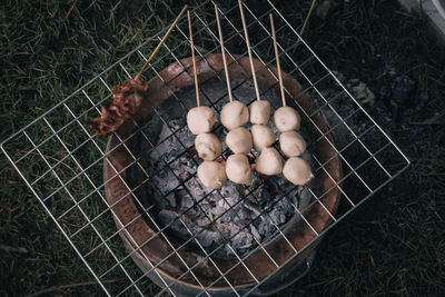 High angle view of eggs in basket