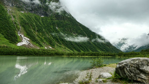 Scenic view of lake and mountains against sky