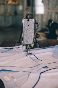 Close-up of fabric on sewing machine