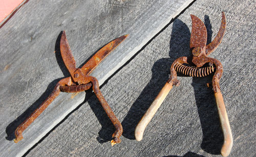 Close-up of tools on wooden table