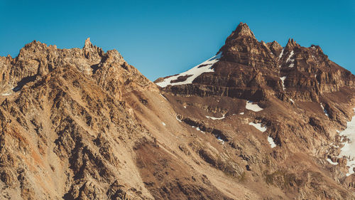 Panoramic view of rocky mountains against clear blue sky