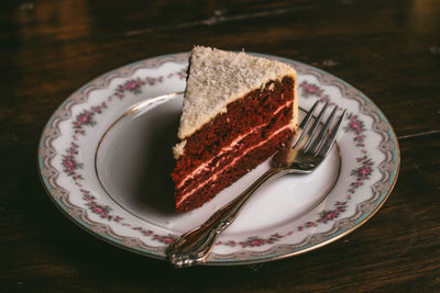 Close-up of red velvet cake served in plate