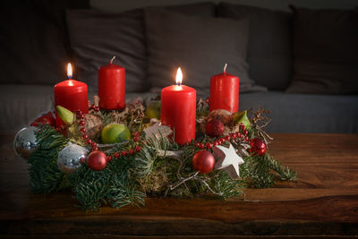 Close-up of christmas decorations on table