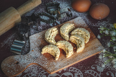 High angle view of eggs in container on table