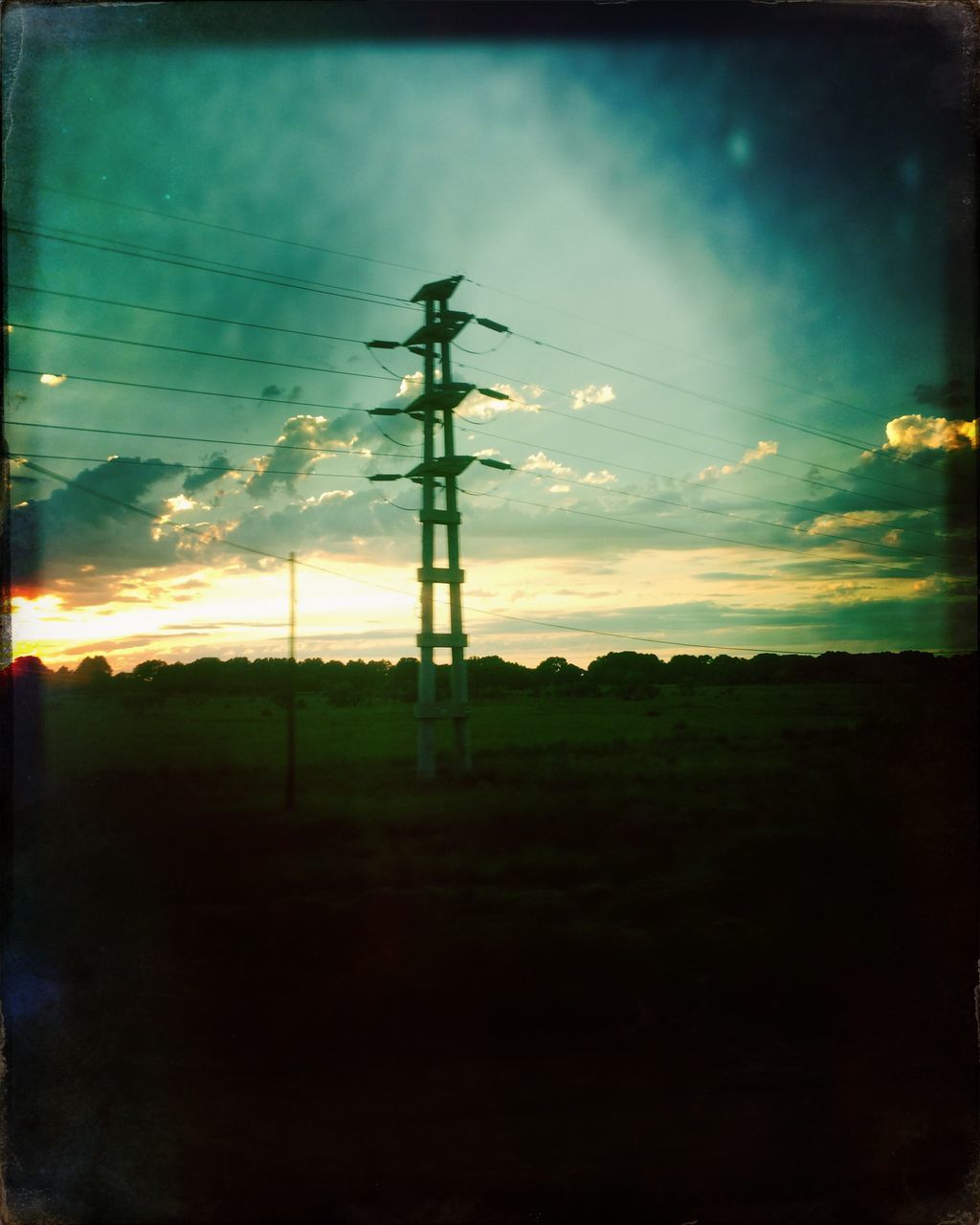 sky, technology, electricity, cloud, electricity pylon, nature, cable, auto post production filter, no people, transfer print, silhouette, power line, power generation, power supply, sunset, tree, environment, outdoors, light, picture frame, scenics - nature, beauty in nature, tranquility, landscape, tranquil scene, plant, architecture, art, reflection, communication