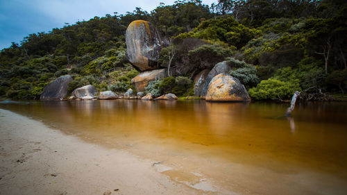 Scenic view of rocks by river against sky