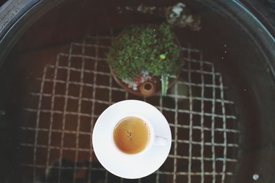 High angle view of tea in bowl on table