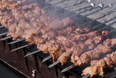 Pork kebab cooking on skewers on open fire at barbecue grill in park.