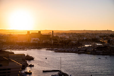 Buildings in city at sunset