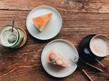 High angle view of breakfast served on table