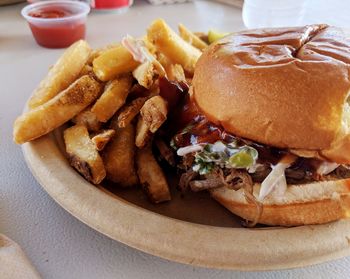 Close-up of burger on table